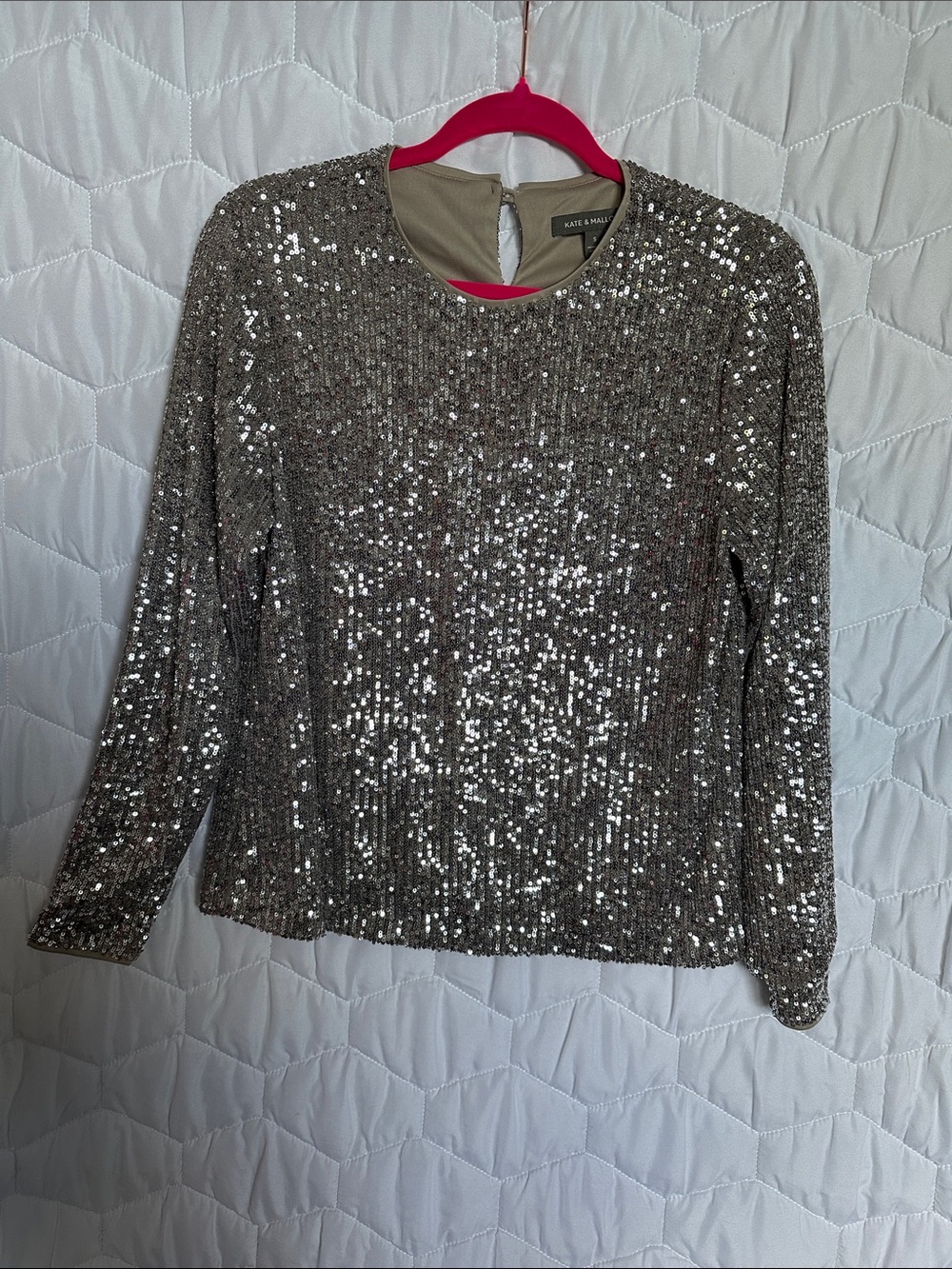 Kate & Mallory Silver Sequin Long-Sleeve Crewneck Top